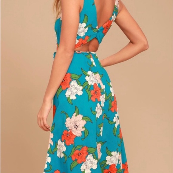 Lulus Teal Floral Wrap Dress - Picture 3 of 6